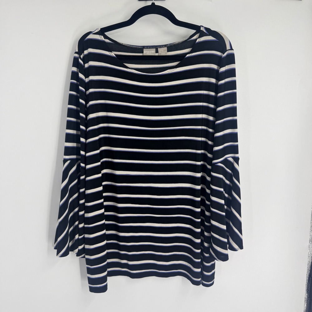 Chicos Travelers Striped Print Bell Sleeve Top Black Purple 4 20 Heavy Stretch
